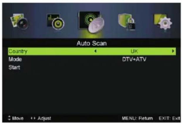 Auto Scan Country UK Mode DTV+ATV Start Move Adjust MENU: Return EXIT: Exit