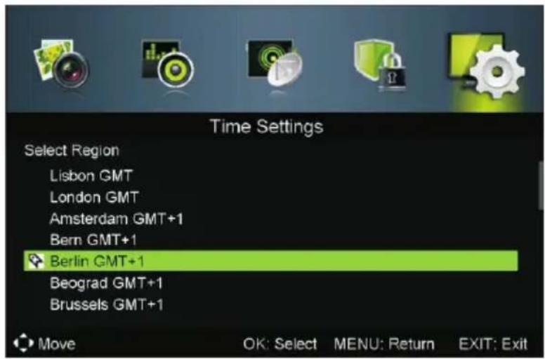Time Settings Select Region Lisbon GMT London GMT Amsterdam GMT+1 Bern GMT+1 Berlin GMT+1 Beograd GMT+1 Brussels GMT+1 Move OK: Select MENU: Return EXIT: Exit