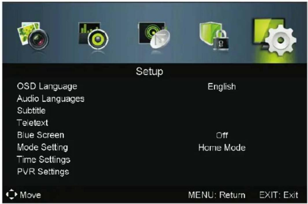Setup OSD Language Audio Languages Subtitle Teletext Blue Screen Mode Setting Time Settings PVR Settings English Off Home Mode Move MENU: Return EXIT: Exit