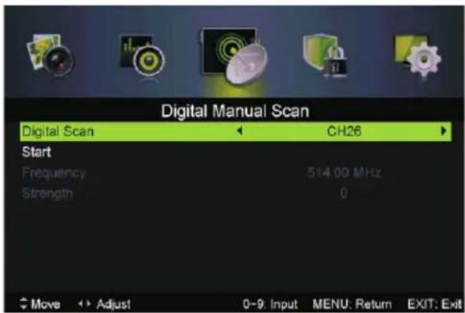 Digital Manual Scan Digital Scan CH26 Start Frequency 514.00 MHz Strength 0 Move Adjust 0-9: Input MENU: Return EXIT: Exit