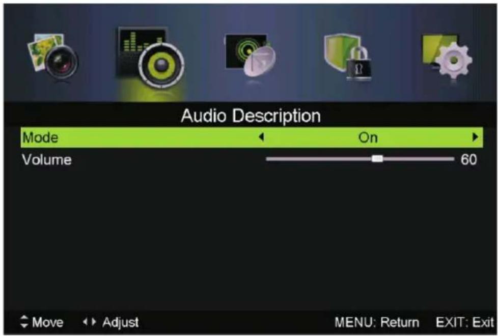 Audio Description Mode On Volume 60 Move Adjust MENU: Return EXIT: Exit