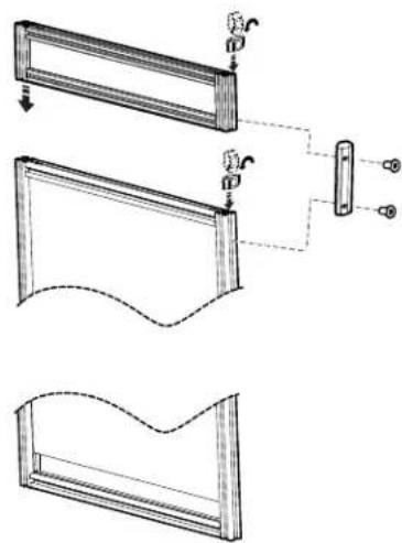Technical diagram showing three views of a door frame with labeled components and directional arrows indicating assembly or alignment.