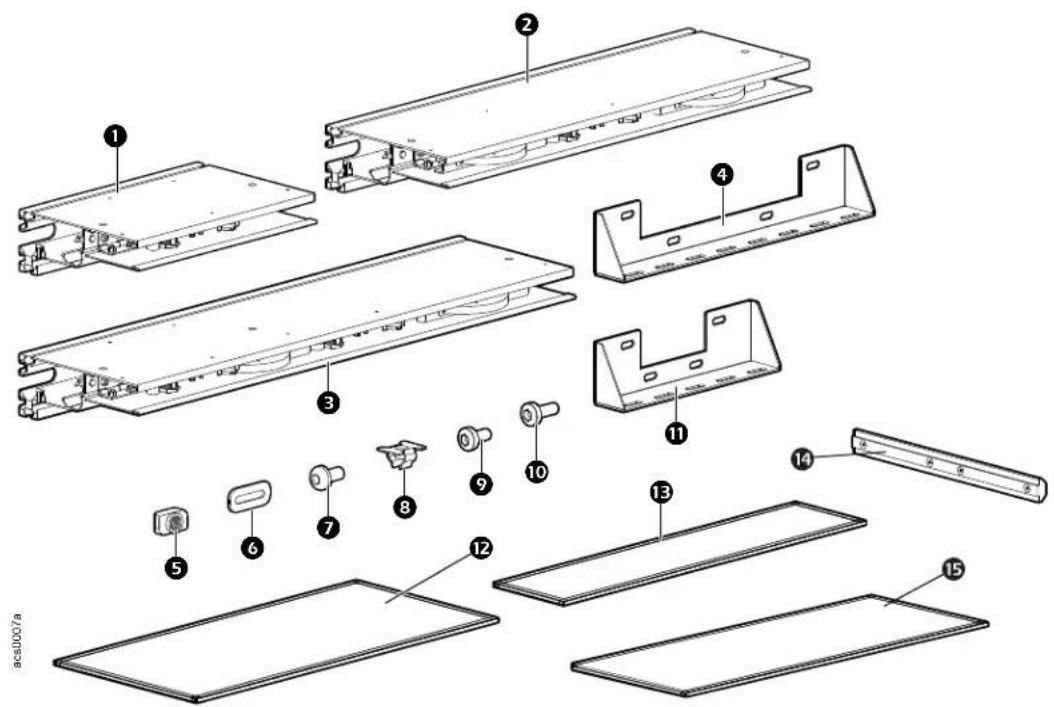 Exploded view diagram of a device showing exploded and assembled components with numbered labels