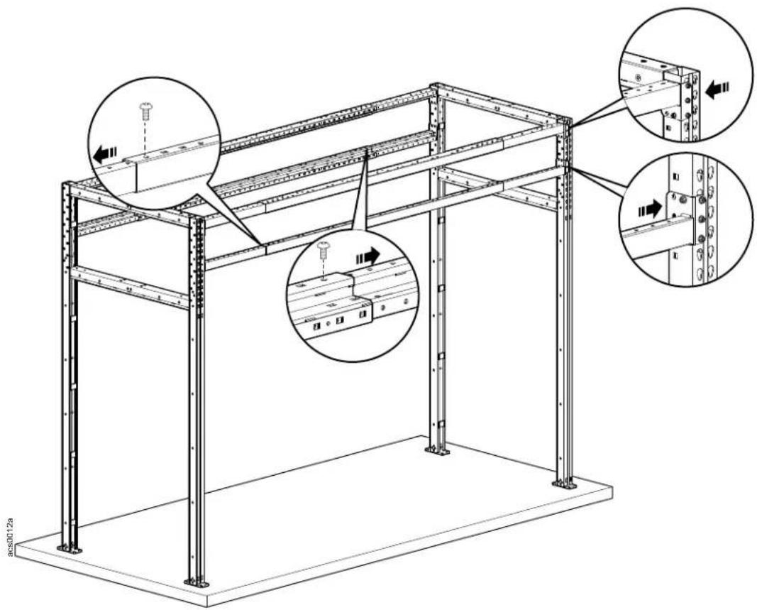 Technical diagram of a structural frame assembly with labeled components and directional arrows indicating assembly steps.