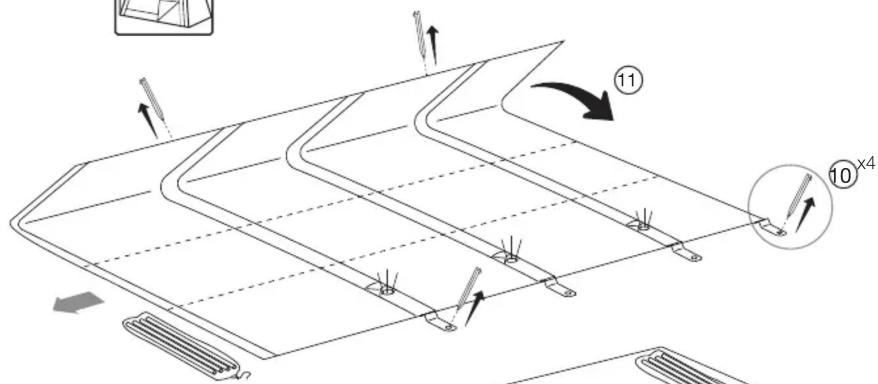 Technical diagram of a roof drainage system with labeled components and directional arrows indicating flow or movement.