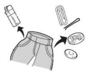 Illustration showing a garment with labeled parts including a zipper, paperclip, and coins, likely for product or assembly instructions.