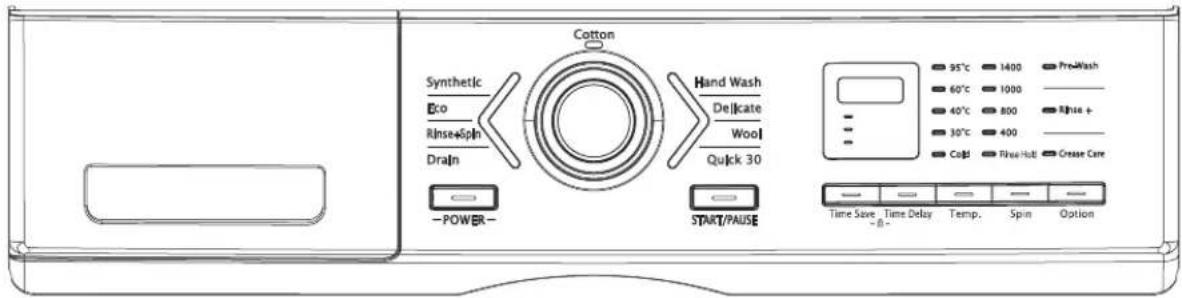 Cotton Synthetic Eco Rinse+Spin Drain -POWER- Hand Wash Delicate Wool Quick 30 START/PAUSE 95°C 1400 PreWash 60°C 1000 40°C 800 Rhoe + 30°C 400 Coil+ Rhoe+Holt Crease Care Time Save Time Delay Temp. Spin Option