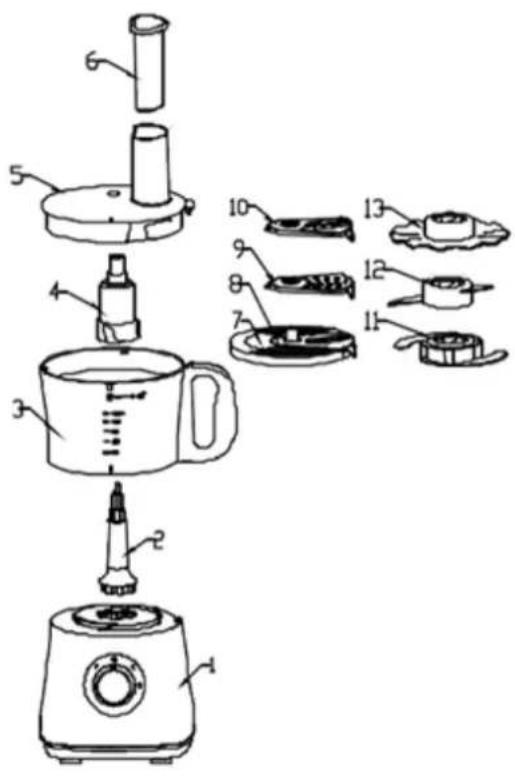 Exploded diagram of a kitchen appliance with numbered parts for identification