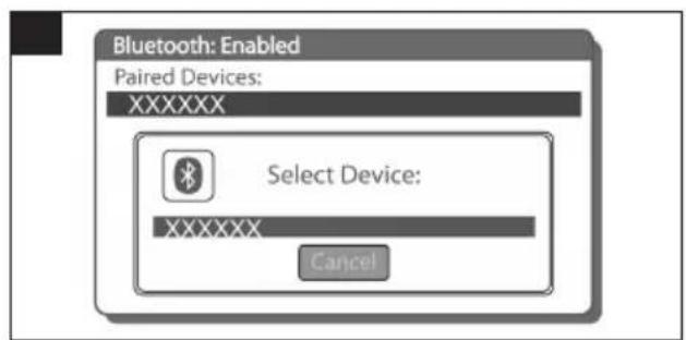 Bluetooth: Enabled Paired Devices: XXXXXX Select Device: XXXXXX Cancel