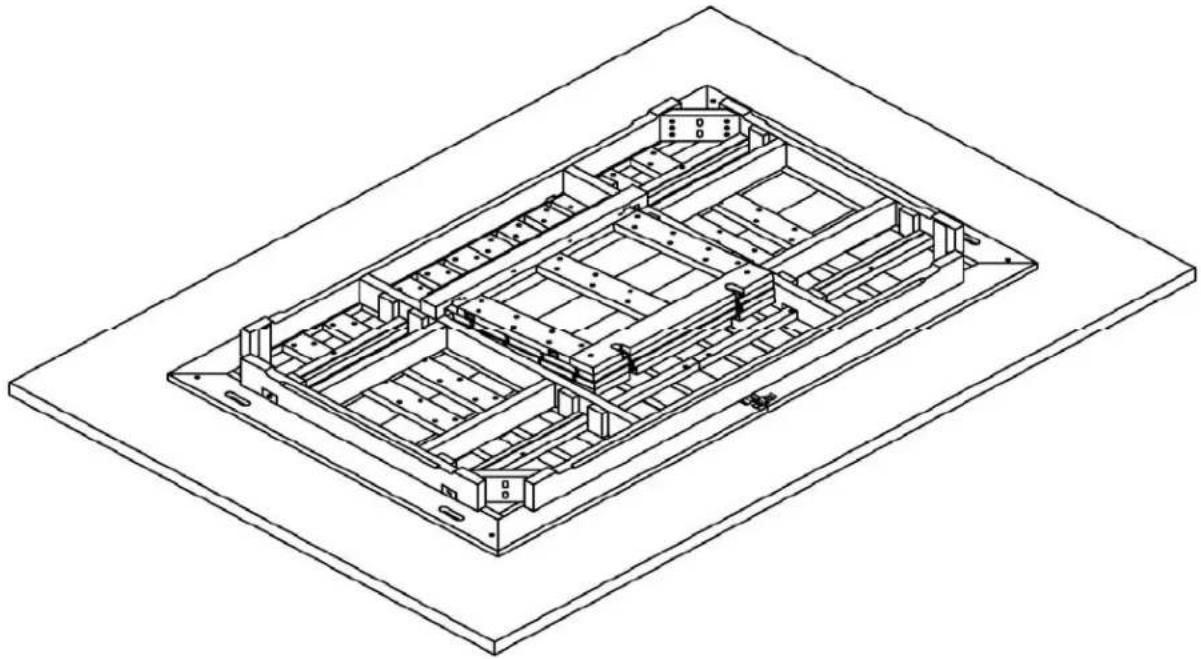 Isometric line drawing of a multi-level electronic or mechanical assembly with no visible text or symbols