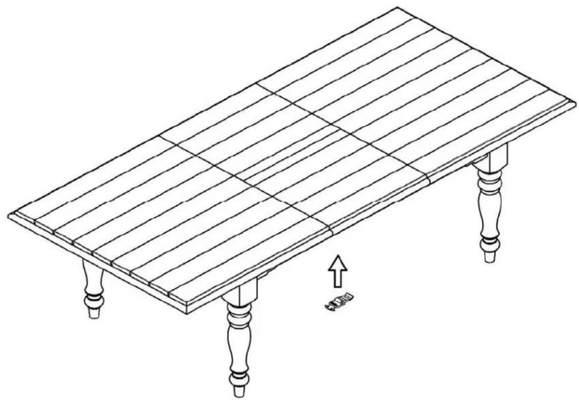 Line drawing of a wooden table with four legs and four feet, showing internal structure and a directional arrow (no text or symbols)
