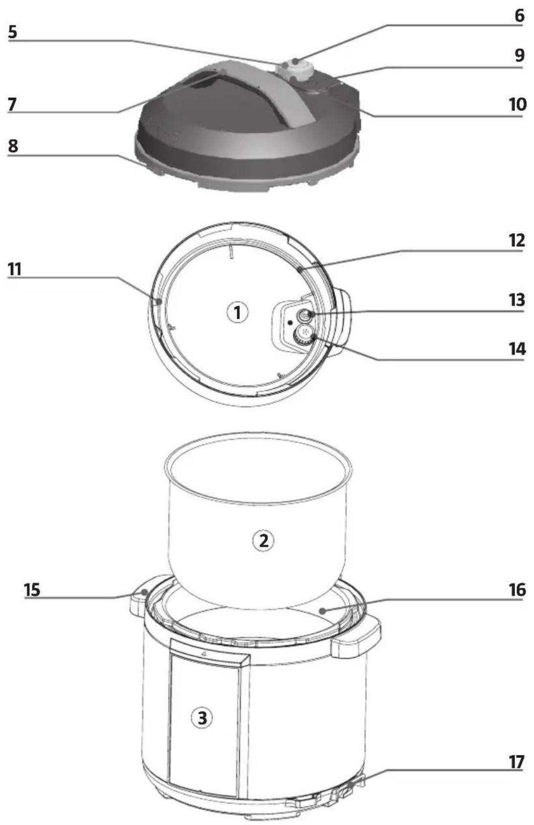 Exploded view diagram of a kitchen appliance with numbered parts for identification