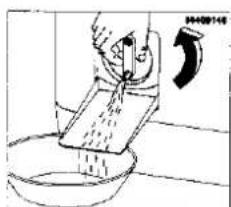 Diagram showing a hand pouring liquid into a bowl with an arrow indicating direction, likely illustrating a filtration or separation process.