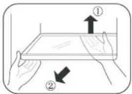 Diagram showing two hands holding a tray with arrows indicating movement or force direction, labeled ① and ②.