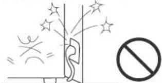 Safety warning illustration showing a person falling from a tree with stars and a prohibition symbol