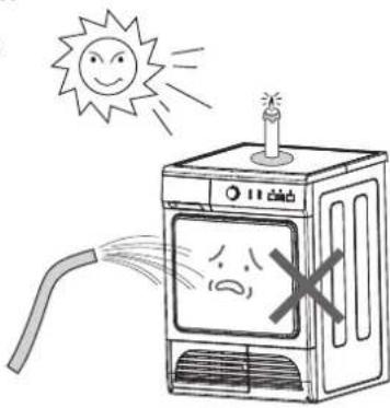 Illustration of a sun-drying air purifier with a warning sign and exhaust pipe, showing Chinese text.