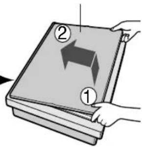 Diagram showing two labeled arrows pointing to a stack of documents, with hand gestures indicating movement or orientation.