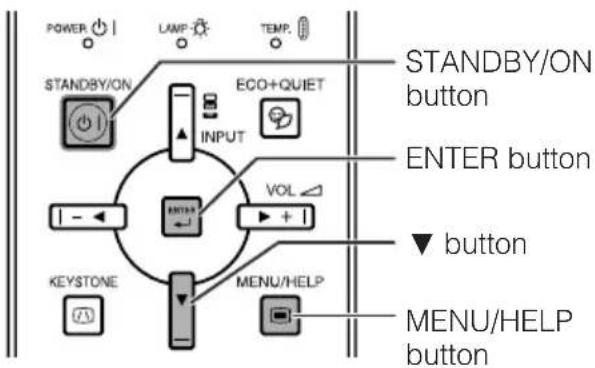 POWER LAMP TEMP. STANDBY/ON button STANDBY/ON ECO+QUIET INPUT ENTER button VOL ▼ button KEYSTONE MENU/HELP MENU/HELP button