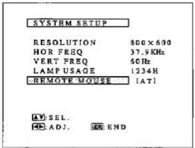 SYSTEM SETUP RESOLUTION 00 × 600 HOR FREQ 37.9 KHz VERT FREQ 60 Hz LAMP USAGE 1234 H REMOTE MOUSE [AT] AV: SEL. ADJ. END