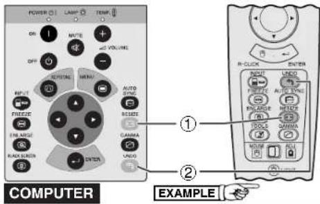 POWER ON MUTE OFF OUTPUT FREEZE ENERGIE BACK SCREEN LAMP TENS VOLUME MENU AUTO SINCE RESIDE GAMMA UNDO R-CLOCK R-LOCK ENTER INPUT UNDO FREEZE AUTO SYNC ENLARGE HUIDZ TOOLS GAMA VOLUME RELI EXAMPLE