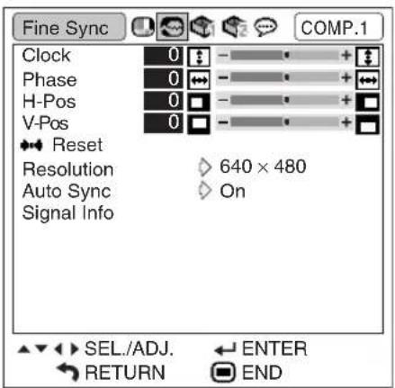 Fine Sync COMP.1 Clock 0 - + + Phase 0 - + + H-Pos 0 - + + V-Pos 0 - + + Reset Resolution 640 × 480 Auto Sync On Signal Info SEL./ADJ. ENTER RETURN END