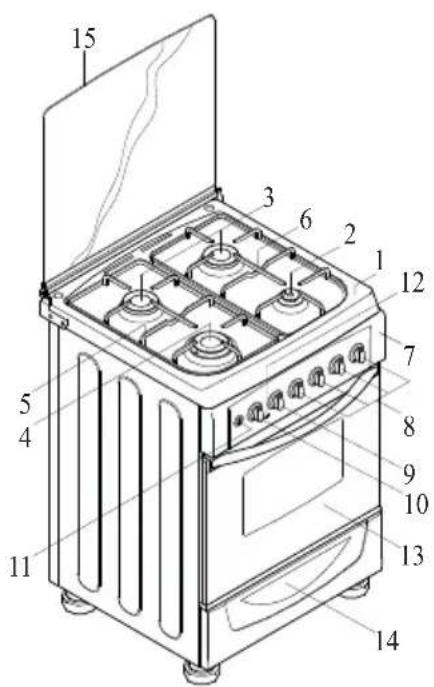 Technical diagram of a 15-pin electric stove with numbered components for identification