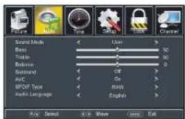 Image Color Style Style Channel Smart Mode User Menu Tools Tools Balance Balance Standard Off AFC On BPOUT Type Mainly Audio Language English OK Select OK Now Cancel Exit