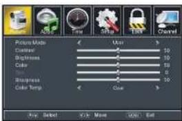 Picture Mode Content Brightness Color Noise Color Temp User 30 30 30 6 30 30 Color Clear Print Select Style Mask Quick End