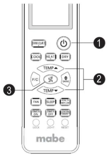 UNIQUE COOL HEAT DRY TEMP F/C SPRING TEMP FAN SLEEP HEALTH ON/OFF TIMER ON TIMER OFF DOWN/IN ON/OFF LOCK LIGHT RESET mabe