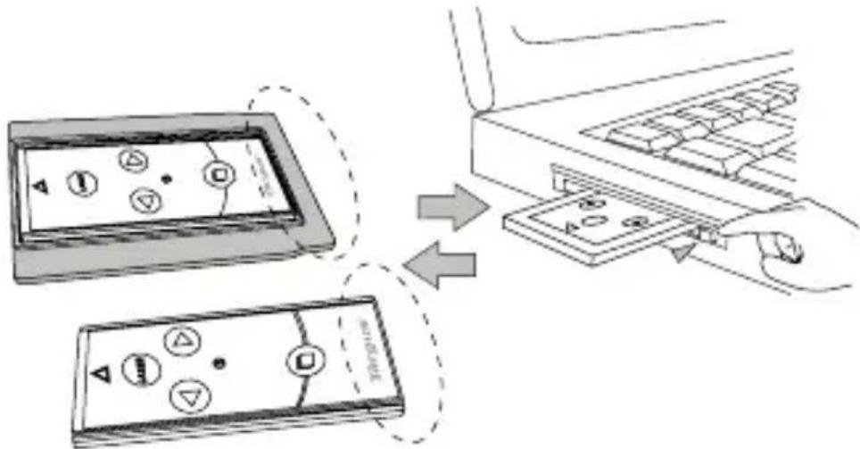 Diagram illustrating the process of inserting a device into a printer, showing two devices with control buttons and directional arrows.