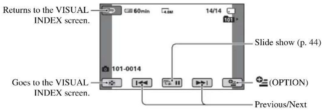 Returns to the VISUAL INDEX screen. 60min 4.2M 14/14 101 101-0014 Slide show (p. 44) Goes to the VISUAL INDEX screen. (OPTION) Previous/Next