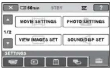 60min STBY MOVIE SETTINGS PHOTO SETTINGS 1/2 VIEW IMAGES SET SOUND/DISP SET SETTINGS