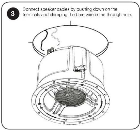 3 Connect speaker cables by pushing down on the terminals and clamping the bare wire in the through hole.