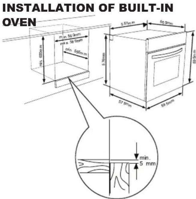 INSTALLATION OF BUILT-IN OVEN 5.57mm 56.0mm 59.5mm 57.9mm 59.5mm min. 5 mm min. 56.0mm min. 56.0mm min. 56.0mm min. 600mm