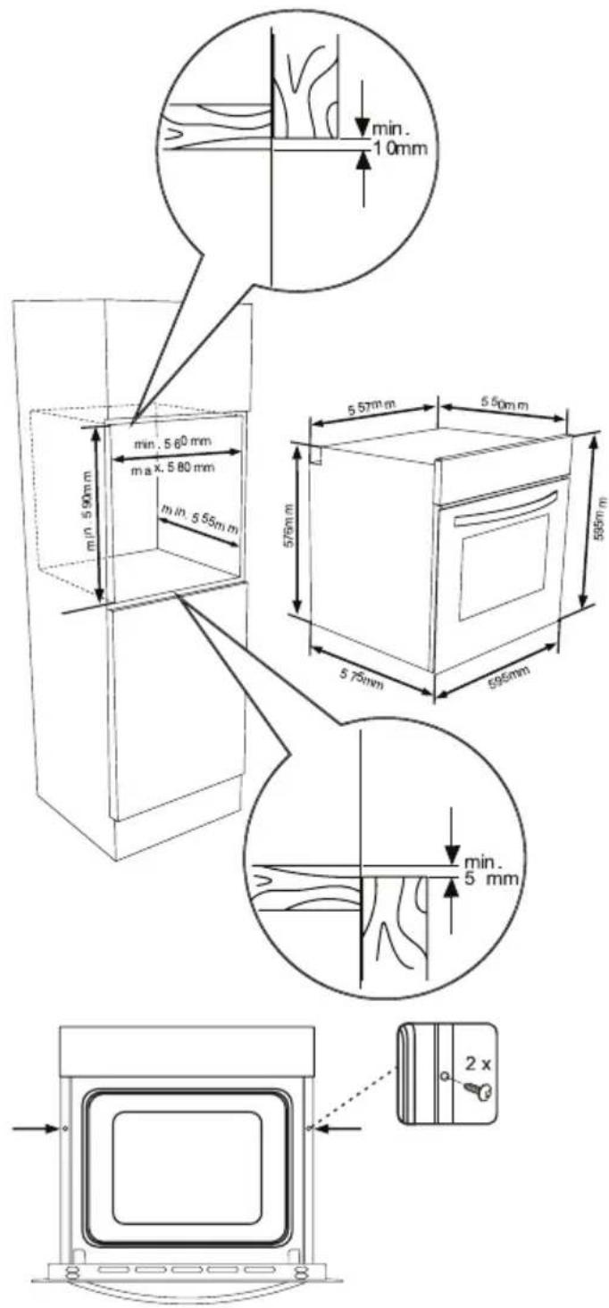 min. 10mm min. 560 mm max. 580 mm min. 555 mm min. 590 mm 575 mm 555 mm 575 mm 595 mm min. 5 mm 2 x