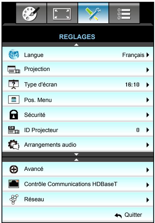 REGLAGES Langue Français ► Projection ► Type d'écran 16:10 ► Pos. Menu ► Sécurité ► ID Projecteur 0 ► Arrangements audio ► Avancé ► Contrôle Communications HDBaseT ► Réseau ► Quitter