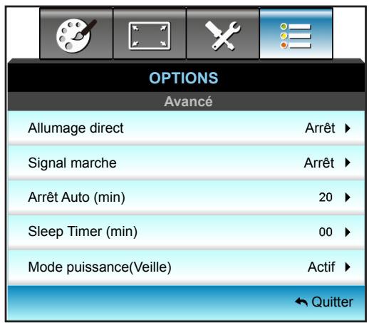 OPTIONS Avancé Allumage direct Arrêt ▶ Signal marche Arrêt ▶ Arrêt Auto (min) 20 ▶ Sleep Timer (min) 00 ▶ Mode puissance(Veille) Actif ▶ ← Quitter