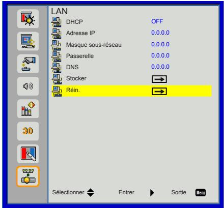LAN DHCP OFF Adresse IP 0.0.0 Masque sous-réseau 0.0.0 Passerelle 0.0.0 DNS 0.0.0 Stocker → Rén. Sélectionner ← Entrer ▶ Sortie ← 3D