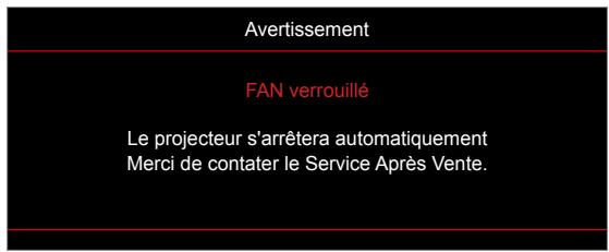 Avertissement FAN verrouillé Le projecteur s'arrêtera automatiquement Merci de contater le Service Après Vente.