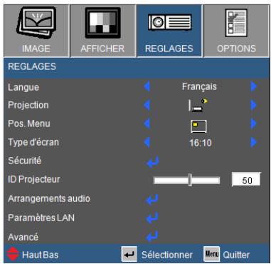 IMAGE AFFICHER REGLAGES OPTIONS REGLAGES Langue Français Projection Pos. Menu 16:10 Type d'écran Sécurité ID Projecteur 50 Arrangements audio Paramètres LAN Avancé Haut Bas Sélectionner Menu Quitter