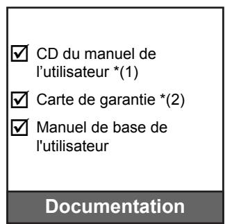 ✓ CD du manuel de l'utilisateur *(1) ✓ Carte de garantie *(2) ✓ Manuel de base de l'utilisateur Documentation