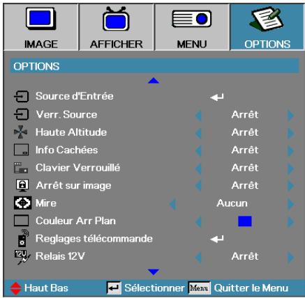IMAGE AFFICHER MENU OPTIONS OPTIONS Source d'Entrée Verr. Source Haute Altitude Info Cachées Clavier Verrouillé Arrêt sur image Mire Couleur Arr Plan Reglages télécommande Relais 12V Haut Bas Sélectionner Menu Quitter le Menu