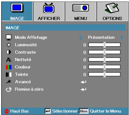 IMAGE OFFICHER MENU OPTIONS IMAGE Mode Affichage Luminosité Contraste Netteté Couleur Teinte Avancé Remise à zéro Présentation 0 0 0 0 0 0 Haut Bas Sélectionner Menu Quitter le Menu