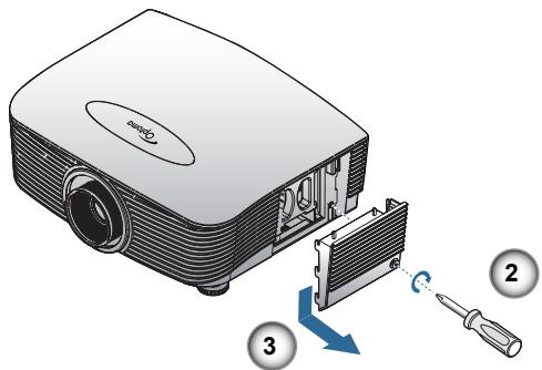 Diagram showing a projector with labeled parts and directional arrows indicating process steps