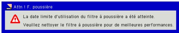 Attn ! F. poussière La date limite d'utilisation du filtre à poussière a été atteinte. Veuillez nettoyer le filtre à poussière pour de meilleures performances.