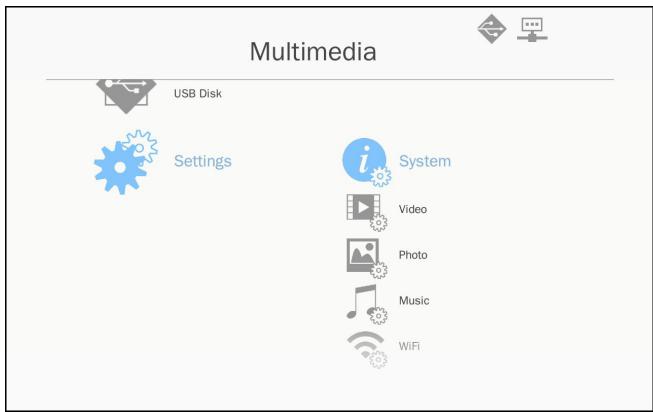 Multimedia USB Disk Settings i System Video Photo Music WiFi