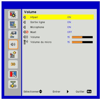 Volume Htparl ON Sortie ligne ON Microphone ON Muet OFF Volume 15 Volume du micro 15 Sélectionner Entrer Quitter Map