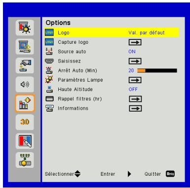 Options Logo Val. par défaut Capture logo Source auto Saisissez Arrêt Auto (Min) 20 Paramètres Lampe Haute Altitude OFF Rappel filtres (hr) Informations Sélectionner Entrer Quitter Mini