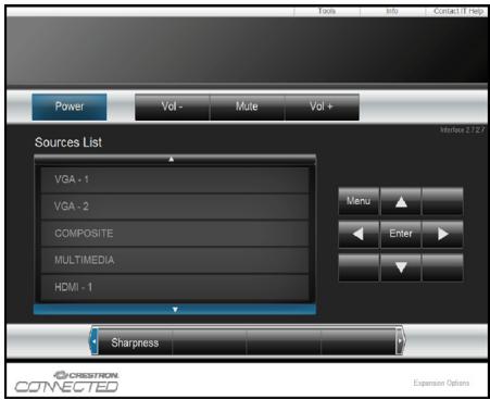 Tools Info Contact IT Help Power Vol - Mate Vol + Sources List VGA - 1 VGA - 2 COMPOSITE MULTIMEDIA HDMI - 1 Menu Enter Sharpness CRESTRON CONNECTED Expansion Options