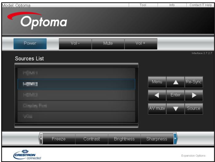 Model: Optoma Tool Info Contact IT Help Optoma Power Vol - Mute Vol + Sources List HDMI HDMI1 HDMI2 Display Port Vitu Menu Re-Sync Enter AV mute Source Freeze Contrast Brightness Sharpness CRESTRON connected Expansion Options